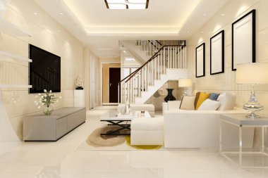 3D render Beyaz ahşap oturma odası yatak odası yukarda yakınındaki