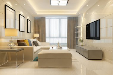 Kitaplık ile 3D render loft lüks oturma odası