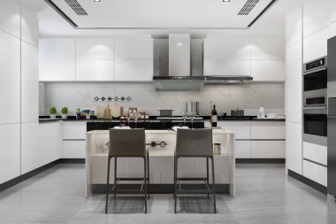 3D render beyaz en az mutfak ahşap dekorasyon ile