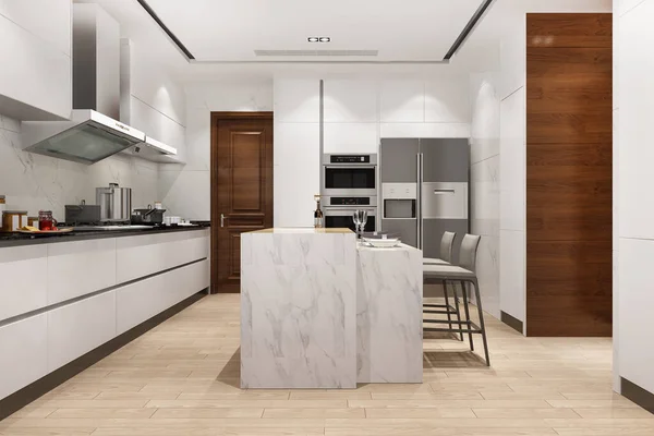 Renderizado Blanco Cocina Mínima Con Decoración Madera — Foto de Stock