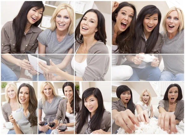 Montage van drie mooie vrouwen vrienden thuis samen — Stockfoto