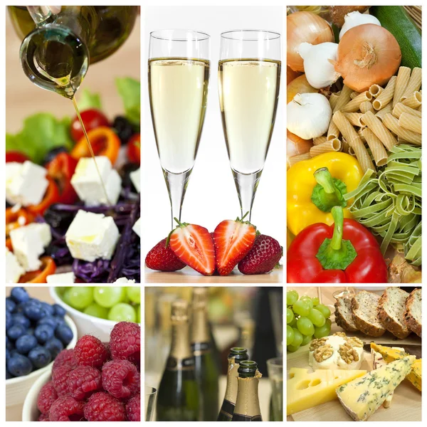 Food & Drink Montage Salad Fruits Pasta Cheese Champagne — Stock Photo, Image