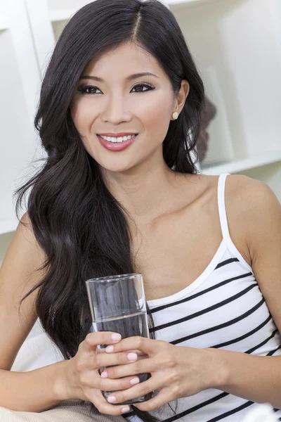 Chinese Asian Woman Drinking Glass of Water — Stock Photo, Image