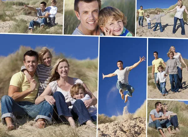 Мати, батько і двоє хлопчиків гуляють розважаючись на пляжі — стокове фото