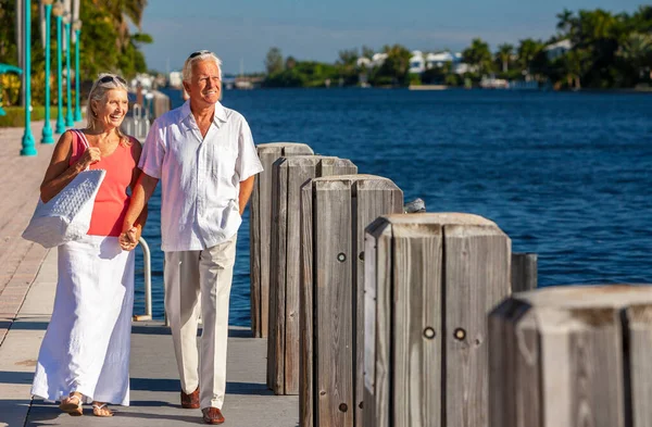 快乐的老年男女浪漫的离退休夫妇手牵手 望着热带的大海或河流 蓝蓝的天空明亮而明亮 — 图库照片