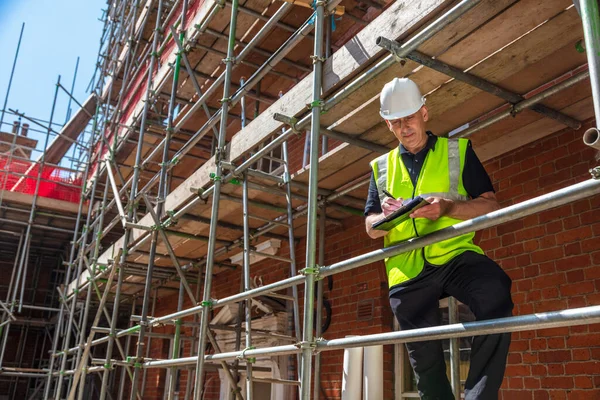 Male Builder Foreman Construction Worker Contractor Architect Building Site Writing — Stock Photo, Image