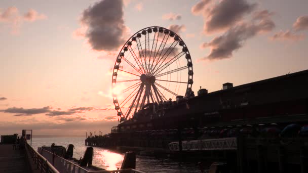 Gran Rueda Sunset Seattle Water Front Washington Agosto 2019 Gran — Vídeo de stock