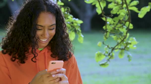 美しく 笑顔混合レースアフリカ系アメリカ人の女の子ティーン若いです屋外で彼女のスマートフォンや携帯電話を使用してソーシャルメディアやテキストメッセージ — ストック動画