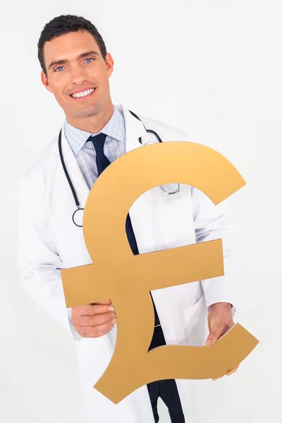 Gelukkige Glimlachende Mannelijke Dokter Met Brits Pond Teken Kosten Van — Stockfoto