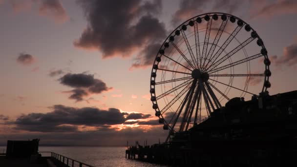 Great Wheel Pier Sunset Seattle Washington Eua — Vídeo de Stock