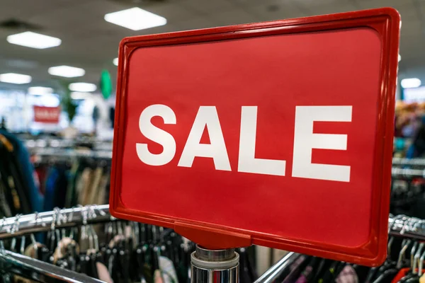 Red Sale Sign Rail Clothes High Street Shop Store — Stock Photo, Image