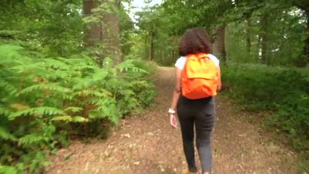 Молодая Афроамериканская Девушка Путешествующая Оранжевым Рюкзаком — стоковое видео