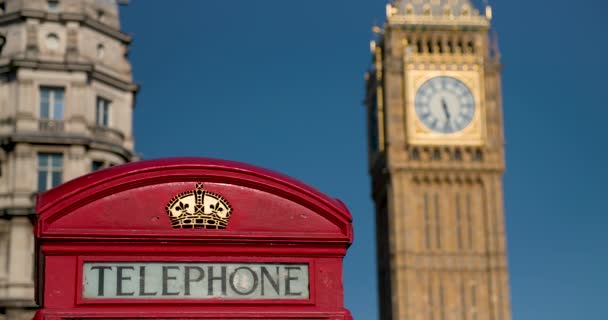 Big Ben Houses Parliament Traditional Red Telephone Box Blue Sky — Stock video