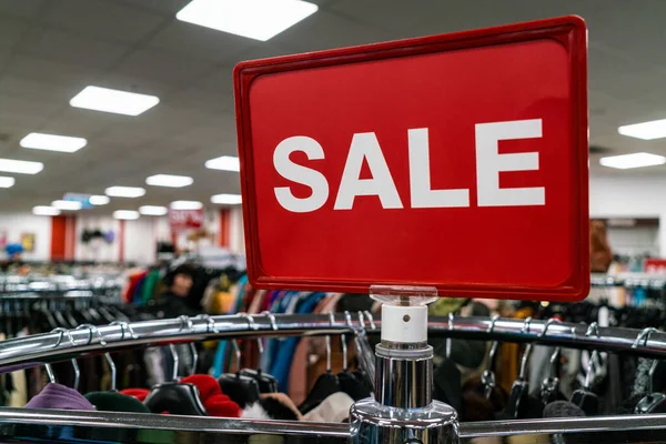 Red Sale Sign Rail Clothes High Street Shop Store — Stock Photo, Image