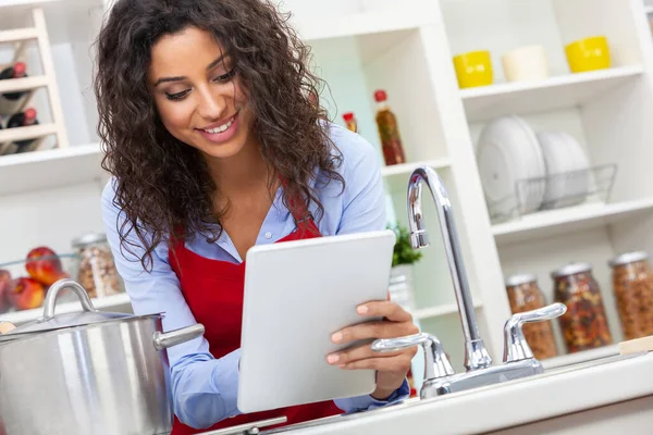 Beautiful Girl Young Woman Looking Happy Wearing Red Apron Cooking — Stock Photo, Image