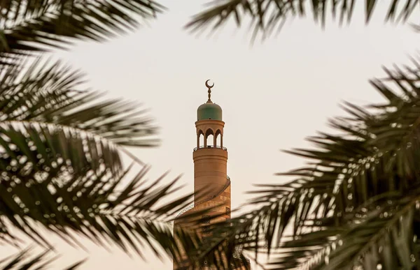 カセム ダルウィッシュ ファフロ イスラムセンター モスクは カタールのドーハ スカイラインのヤシの木を通して — ストック写真