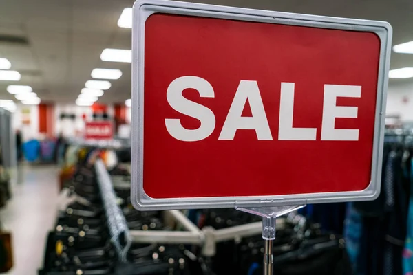 Red Sale Sign Rail Clothes High Street Shop Store — Stock Photo, Image