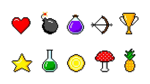 Collezione di oggetti colorati per pixel game. Cuore luminoso con bottiglie pozione magica — Vettoriale Stock