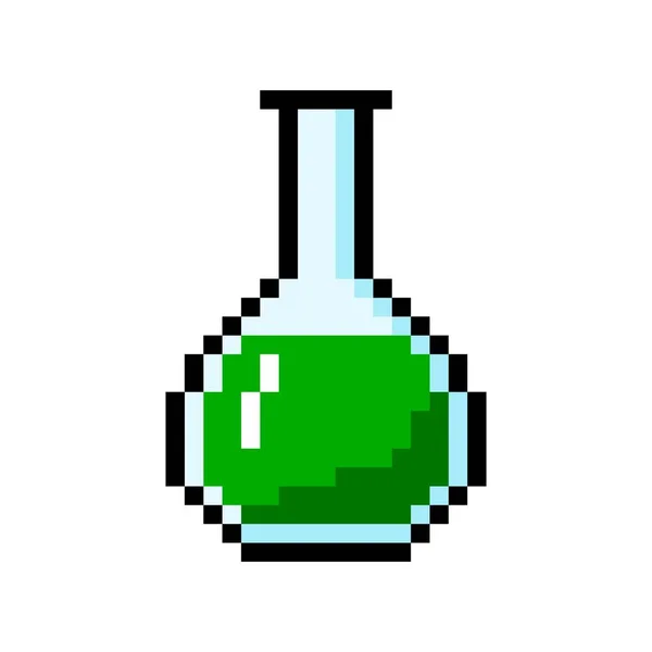 Botella de píxeles con poción de brujería. Juego de elixir con peligroso veneno verde — Vector de stock
