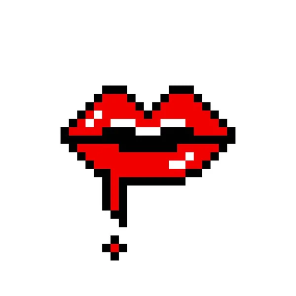 Kan Damlayan Kırmızı Piksel Dudaklar 8Bit Cazibeyle Tutkulu Vampir Öpücüğü — Stok Vektör
