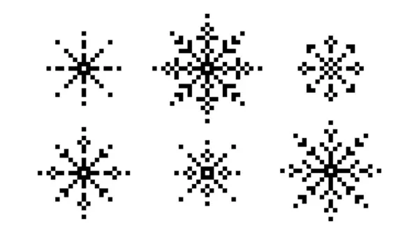 Pixel snöflingor med spårämne. Dekoration av svarta isflak med geometriska abstrakta mönster — Stock vektor