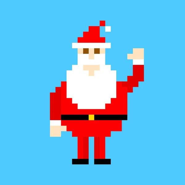 Pixel Pai Natal acenando a mão. Personagem feriado alegre em roupa vermelha —  Vetores de Stock