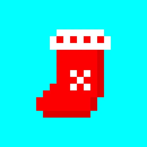 Meia de Natal Pixel para presentes. Símbolo lanoso vermelho de férias de inverno alegres —  Vetores de Stock