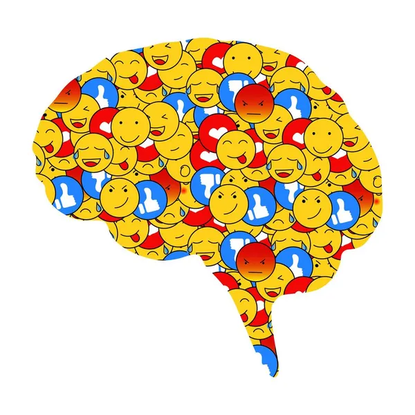 Brain filled with social colorful emoticons — Stock Vector