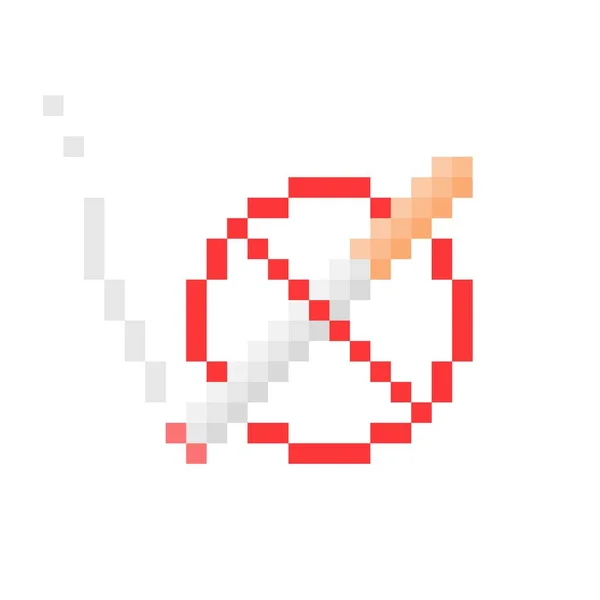 Ingen rökning pixel tecken. Korsade ut brinnande cigarett i 8bit pixelated röd cirkel — Stock vektor