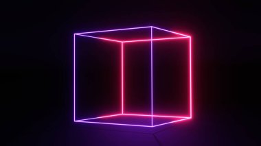 Neon küp çerçeve. Mor kare magenta ızgarası. Karanlık uzayda 3 boyutlu büyülü bir parıltı.