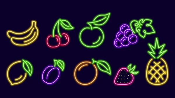 Neon silhouettes of fruits. Colorful purple plum and red strawberry with green tails — Stockvektor