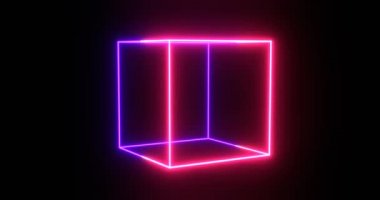 Neon cube frame. Purple square magenta grid with magical glow