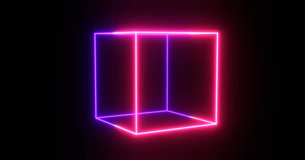 Neon cube frame. Purple square magenta grid with magical glow — Stock Video