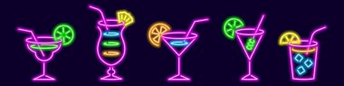 Pipetle parlayan popüler neon kokteyller. Ananas dilimli parlak pina colada ve limonlu mor tekila gündoğumu. Renkli Küba libre ve zengin vektör tornavida.