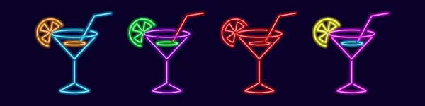 Glowing Cocktails Neon Martini Glasses Red Knickerborker Lime Wedge Magenta — Stock Vector