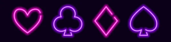 发光的霓虹灯牌西服符号 紫色俱乐部和黑桃为赌博扑克游戏 红心钻石换幸运矢量中奖和中奖 — 图库矢量图片