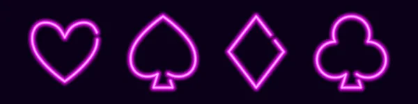 Tanda-tanda Neon card suit. Klub ungu dan sekop untuk permainan poker judi - Stok Vektor