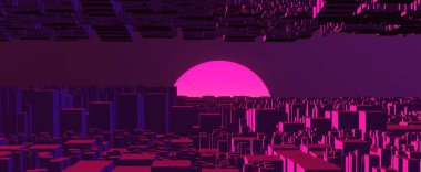 Güneşin arka planına sahip gelecekçi tekno metropol