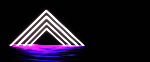 Pirâmide Triangular Brilhante Com Caminho Luz Néon Portal Abstrato Escuro — Fotografia de Stock