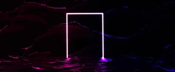 ネオンの夜の海でドアのフレームを光る 明るいハイライトとライトトレイルと暗い紫色の水3Dレンダリングで白い長方形のポータル クラブ合成法における抽象レーザー未来論 — ストック写真