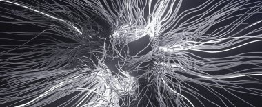 Karanlık uzayda beyaz birbirine dolanmış kablolar