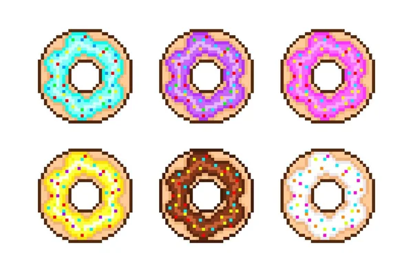 Donuts Pixelados com conjunto de cobertura colorida — Vetor de Stock
