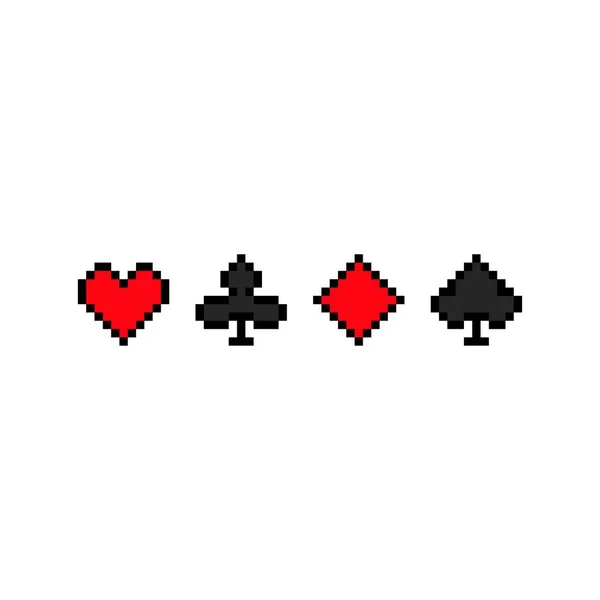 Pixelová karta sedí. Červené srdce a diamant s černým kyjem a rýčem — Stockový vektor