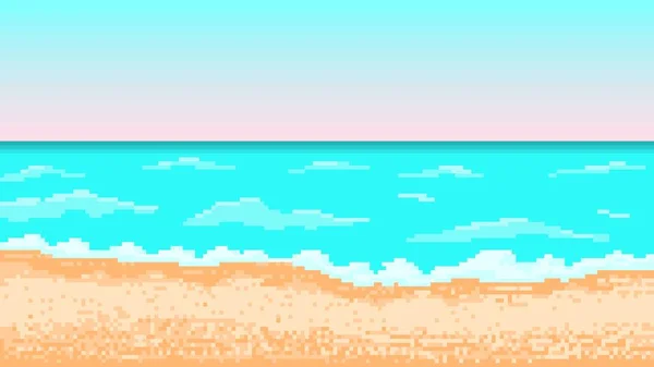 Тропічний піксельний пляж з серфінгом — стоковий вектор