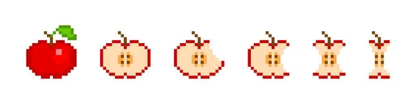 Pixel apple eating animation. Red 8bit fruit slowly disappears piece by piece — Stockvektor