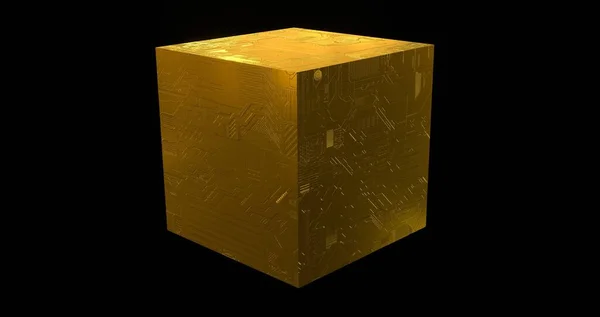 Cubo Tecno Dourado Caixa Metal Quadrado Amarelo Coberto Com Render — Fotografia de Stock