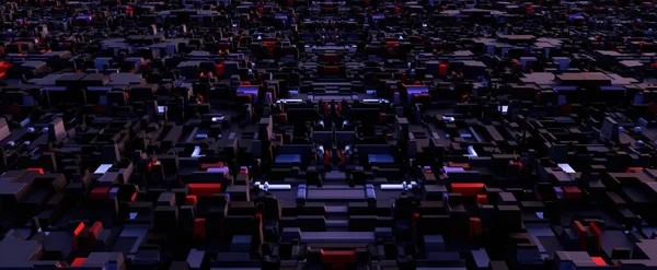 Placa Circuito Electrónico Ciudad Futurista Superficie Cibernética Hecha Bloques Renderizado — Foto de Stock