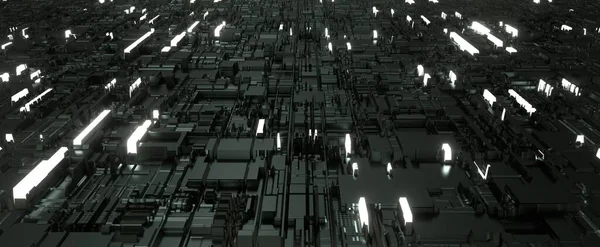 Sötét Futurisztikus Városi Mechanizmus Absztrakt Áramköri Lap Ragyogó Render Chipek — Stock Fotó