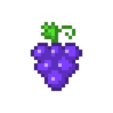 Bir demet mor pikselli üzüm. Kesilmiş yeşil saplı olgun böğürtlenler. Tatlı yaz tatlısı ve şarap ve 8bit vektör oyunu için element