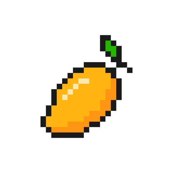 黄色のピクセルマンゴー 緑の葉のトロピカルオレンジのデザートと甘い果物を熟す8ビットベクトルゲームデザインのためのエキゾチックな味 — ストックベクタ